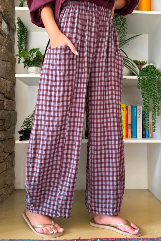 Vivienne Plaid Relaxed Barrel Pant Aubergine & Denim